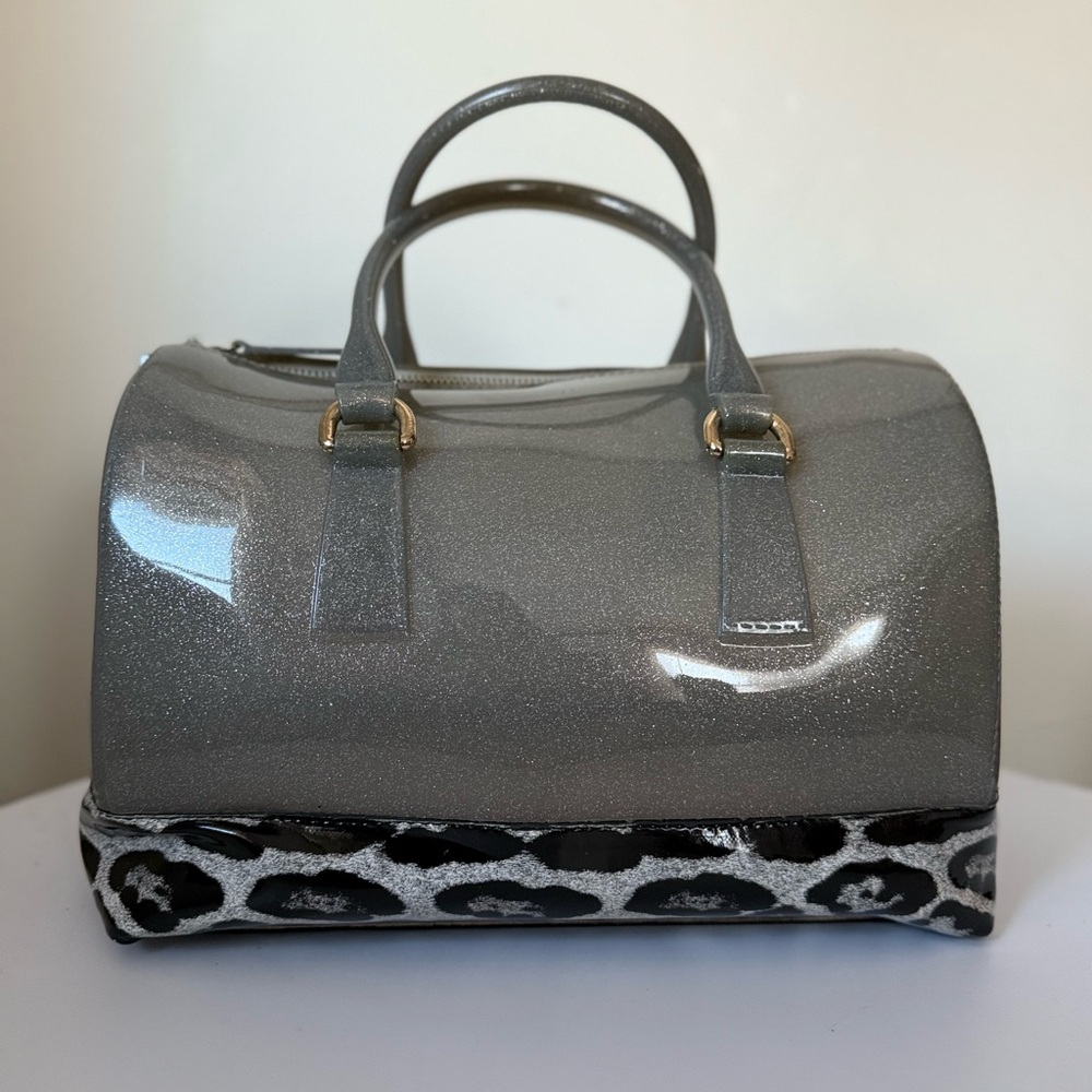Jelly Glitter Satchel Silver Gray Animal Print Bottom Y2K Statement Handbag